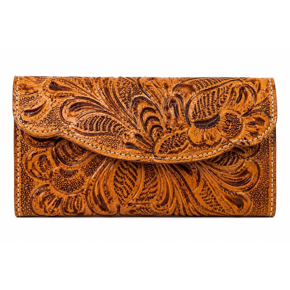 NEW Tooled Floral Leather Wallet Western Cowgirl Rodeo Snap Purse Saddle Tan